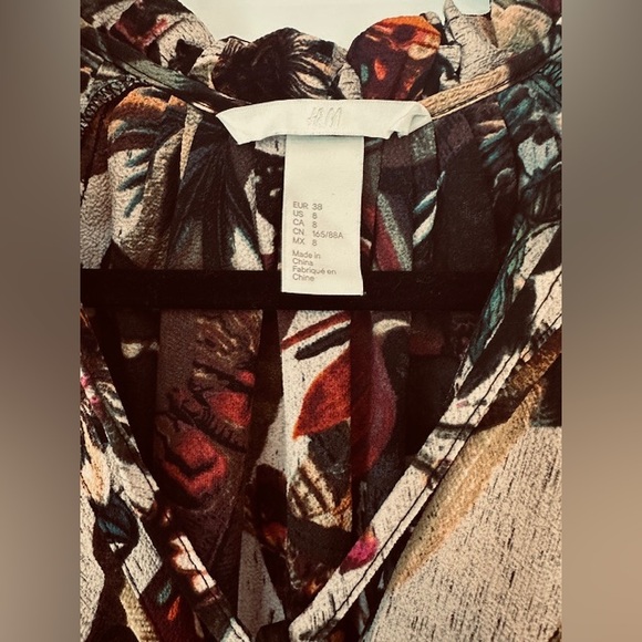 H&M Dress Butterflies Tan Burgundy Orange Floral Ruffled Neck Gathers Sz 8 - Picture 3 of 12